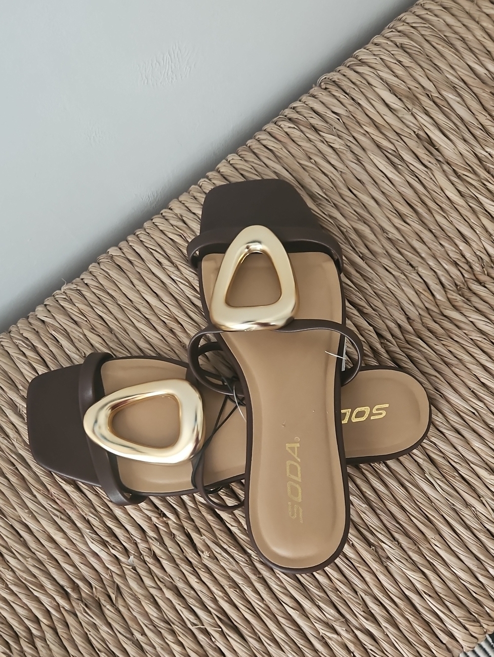 Soda Brown Slide Sandals with Gold Buckle Accent